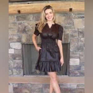 Simply Southern Brown Puff Sleeve pleather Dress